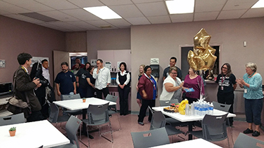 Madrid Middle School staff getting the first look at their redone lounge