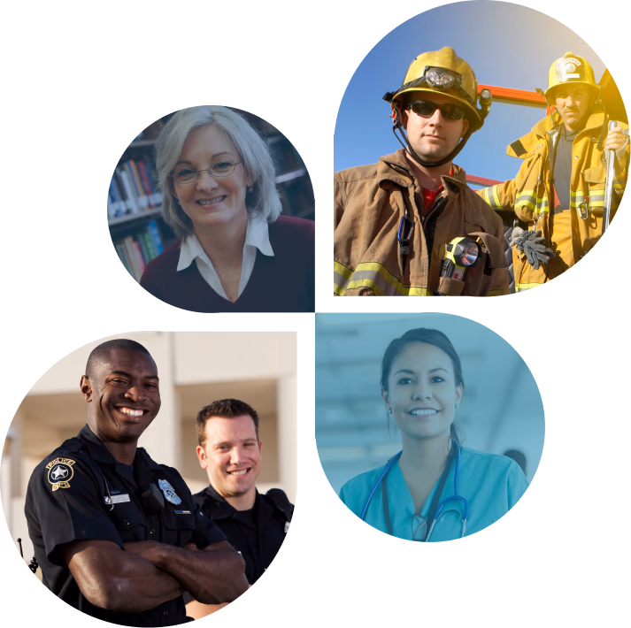Decorative image of a teacher, firefighter, law enforcement officers, and a nurse