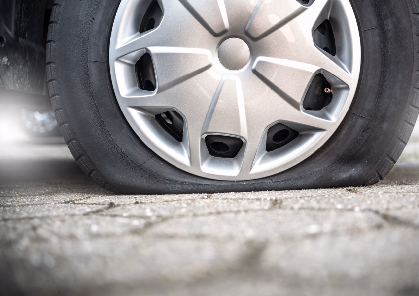 Close-up of a punctured car tire