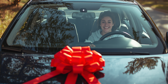 teen driver in car with bow on hood
