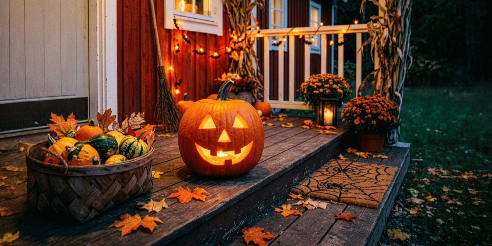 carved pumpkin, leaves and orange lights on a porch