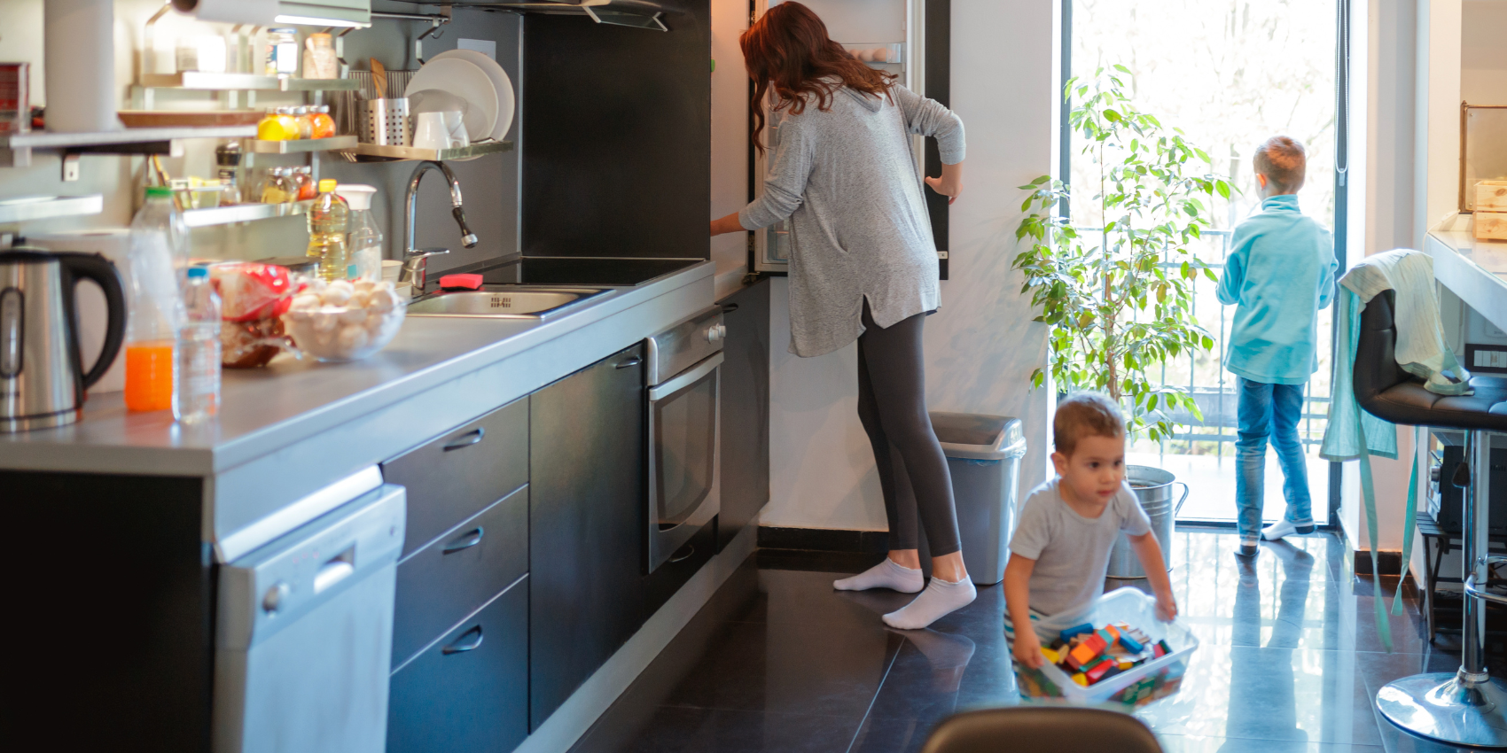 mom with sons in kitchen